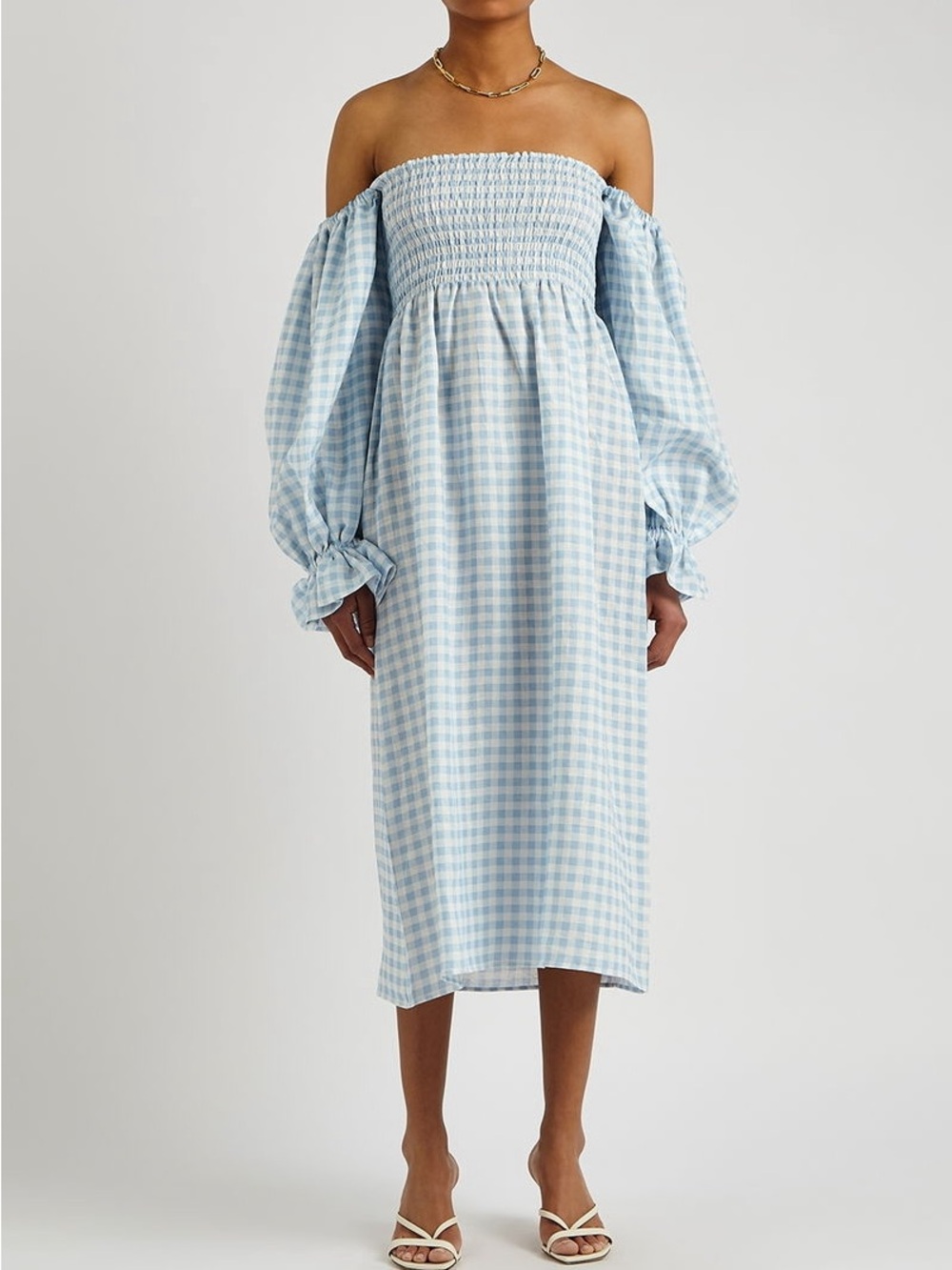 $398 SLEEPER size M Atlanta Off Shoulder Linen Midi Dress Blue Gingham - Picture 2 of 6